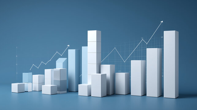 Clean blue background with white 3D bar chart showing business growth and upward trend line, symbolizing success and progress in data analysis