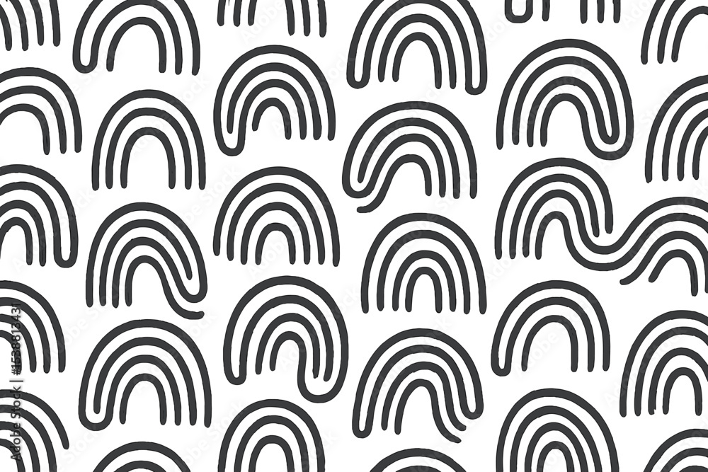 Poster colorful pattern of hand-drawn rainbows on a white background showcasing repeated arcs and waves of 