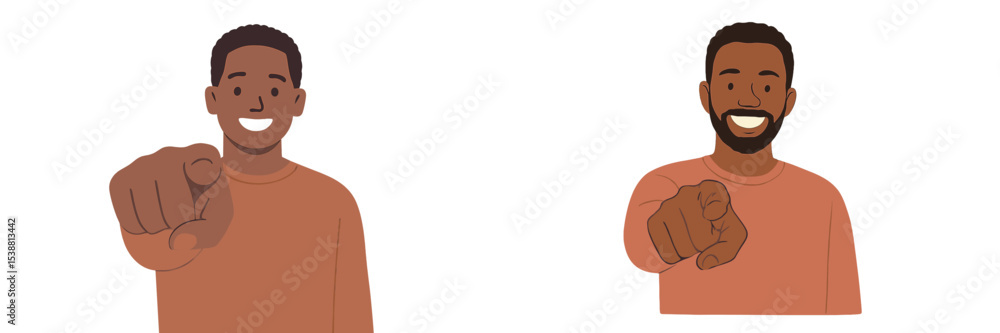 Poster two men smiling and pointing towards the viewer in a cheerful illustration created in a modern style