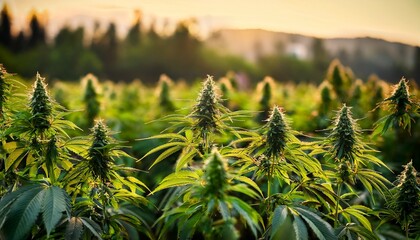 a vibrant green cannabis plant thrives amidst a lush field of its brethren bathed in soft natural light the detailed leaves and budding flowers showcase the plant s healthy growth generative ai
