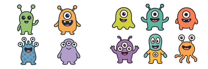 Colorful cartoon monsters in various playful poses on a plain background showcasing their unique features and expressions