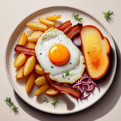 Delicious and Nutritious Breakfast Plate Fried Egg, Crispy Bacon, Golden Potatoes, and Toasted Bread on a Beige Plate - Studio Shot