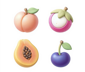 3D kawaii fruit icon set featuring juicy fruits like peach, lychee, papaya, cherry, and blueberry in pastel tones, arranged in 3 rows, white background, isolated PNG, Ai Generate.