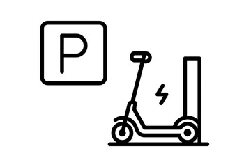 Electric scooter charging station located in an urban area with designated parking signage