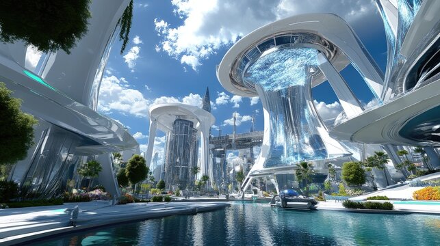 Futuristic Cityscape with Advanced Architecture and Clear Blue Sky Showcasing Innovation and Urban Harmony