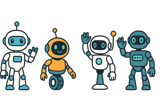 Four colorful cartoon robots waving cheerfully in a playful design, perfect for engaging technology-themed content