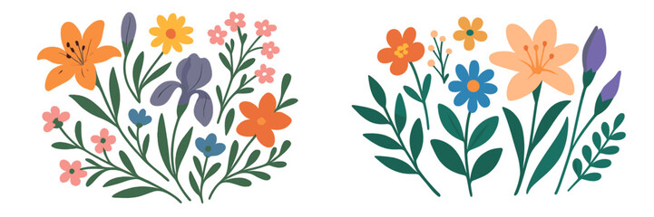 Colorful flower arrangements featuring various blossoms on a white background