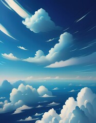 Stunning Digital Illustration of a Bright Blue Sky Filled with Fluffy White Clouds and Ocean Horizon, Perfect for Backgrounds and Wallpapers