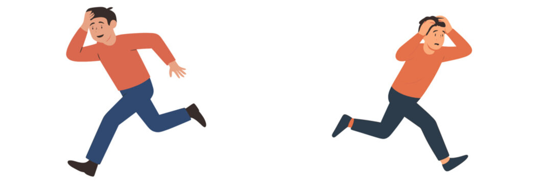 Two men running in different directions, expressing urgency and concern in a dynamic and animated environment