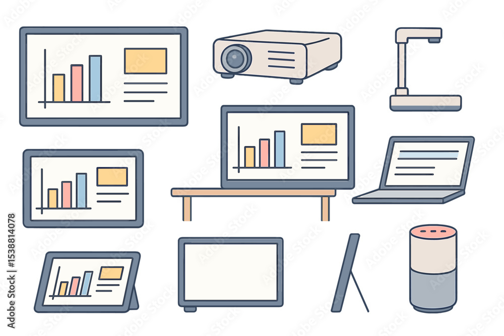 Poster digital presentation tools on display in a modern workspace featuring various screens and devices du