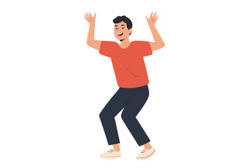 Joyful young man dancing energetically in casual attire indoors during daytime