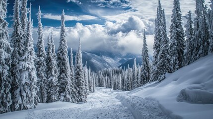 Snowy Mountain Pathway Surrounded by Frosty Pine Trees Under Dramatic Sky in Winter Wonderland