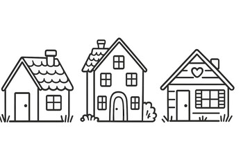 Three hand-drawn houses illustrating different architectural styles in a playful, minimalistic design