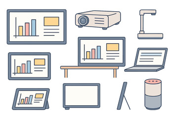 Digital presentation tools on display in a modern workspace featuring various screens and devices during work hours