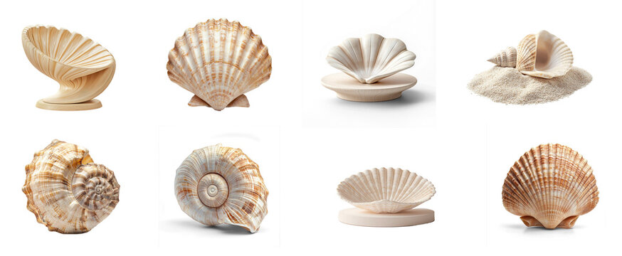 Collection of seashell podium placed at the center of a minimalist setup, with a soft, smooth gradient background ready to highlight a product. isolate on transparent background