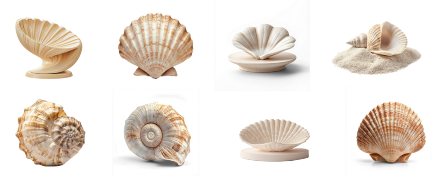 Collection of seashell podium placed at the center of a minimalist setup, with a soft, smooth gradient background ready to highlight a product. isolate on transparent background