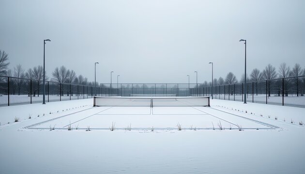 Empty tennis court covered in snow on a cloudy day.