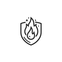 Burning flame protects within shield in outlined design