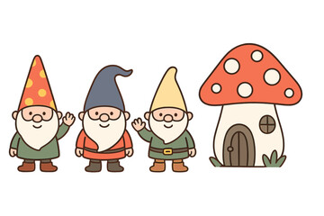 Three cheerful gnomes waving next to a whimsical mushroom house in a vibrant garden setting
