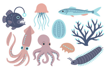 Colorful underwater life illustration featuring various sea creatures and coral in a whimsical style