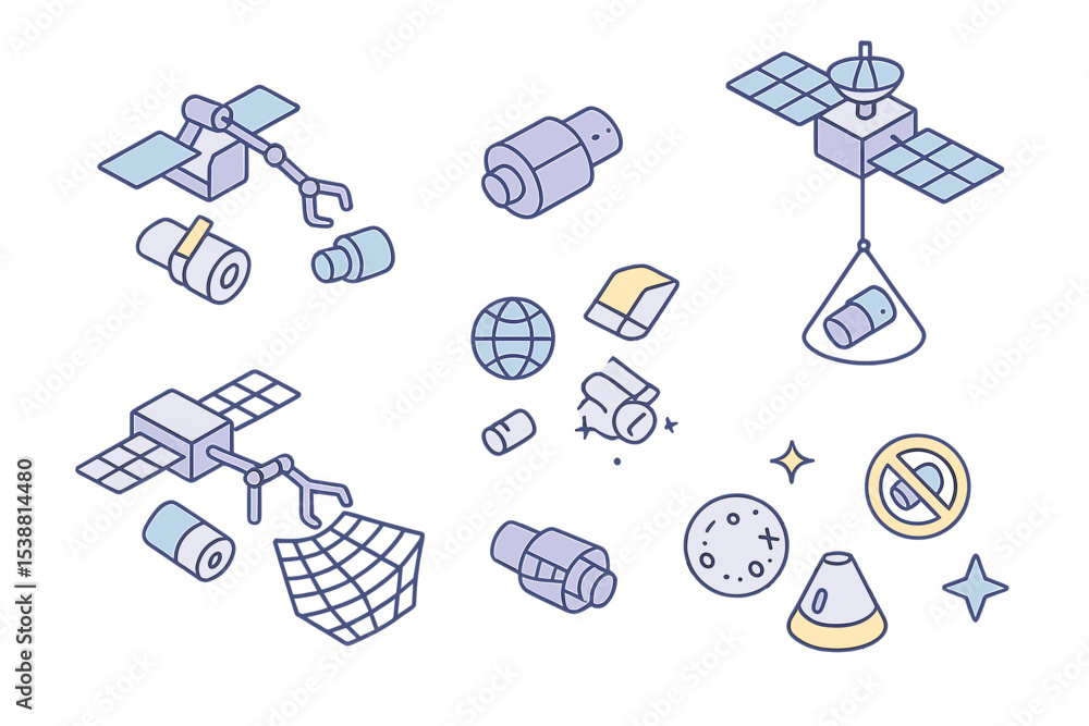 Poster various satellite illustrations depicting different designs and functions in space exploration and c