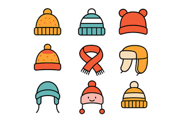 Various colorful winter hats and scarves displayed in a grid pattern showcasing diverse designs and styles for colder weather