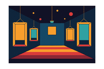 Abstract Gallery Interior Minimalist Art Space with Hanging Frames and Colorful Floor