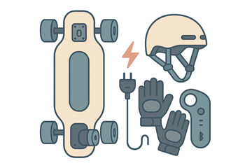 Electric skateboard and safety gear collection with accessories and charging components for riders