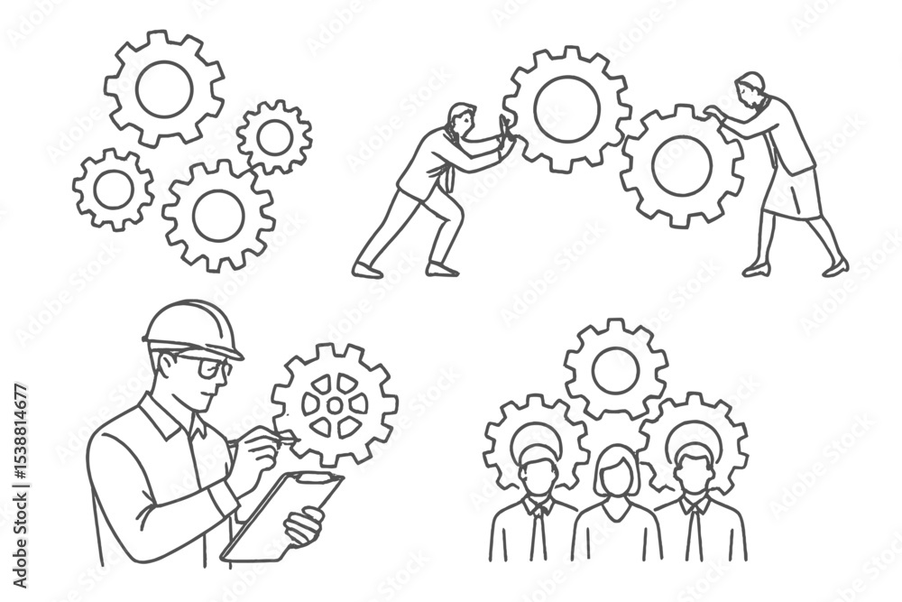 Poster workers collaborating and managing gears in a mechanical workshop environment during the day