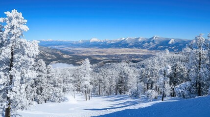 Majestic Winter Landscape with Snow-Covered Trees and Clear Blue Sky Overlooking Mountain Range in a Scenic View