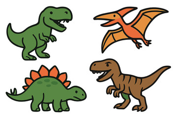 Colorful dinosaur illustrations featuring various species in a playful style ideal for children's education and entertainment