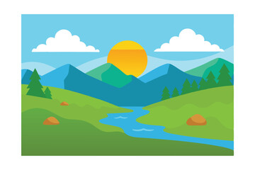 Obraz premium Serene Mountain Landscape Sunrise Over Rolling Hills and River