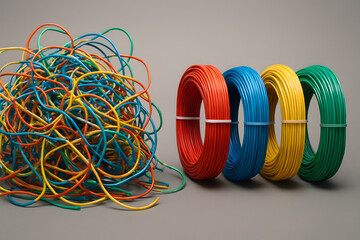 Bundled multicolor cables with rolled spools of wire on white surface used for prototyping or electronics repair stock visual