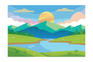 Obraz premium Serene Sunset Mountain Lake Landscape A Peaceful Nature Illustration