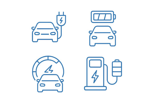 Electric vehicle icons illustrating charging, battery status, and performance metrics in a modern design