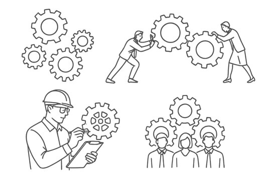 Workers collaborating and managing gears in a mechanical workshop environment during the day