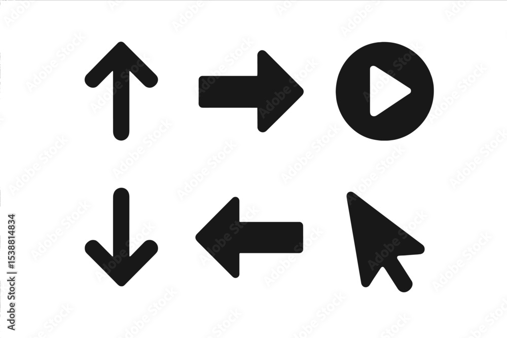 Poster directional symbols and play icon arranged in a grid pattern for interactive design and navigation p