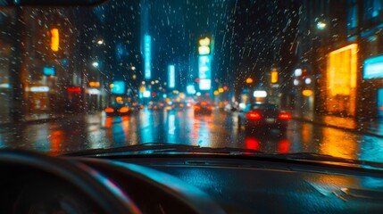 On a rainy night in the bustling city, neon lights reflect off wet pavement as raindrops streak the windshield, while wipers move in a rhythmic dance, enhancing the mood