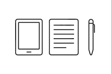 Electronic tablet, notepad, and pen arranged for studying or note-taking in a modern workspace