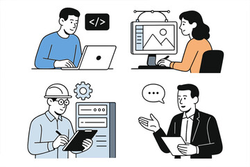 Professionals engaged in technology and business tasks in a modern office environment