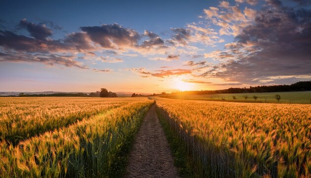 stunning rural wheat field at sunset with a dirt path leading towards the horizon