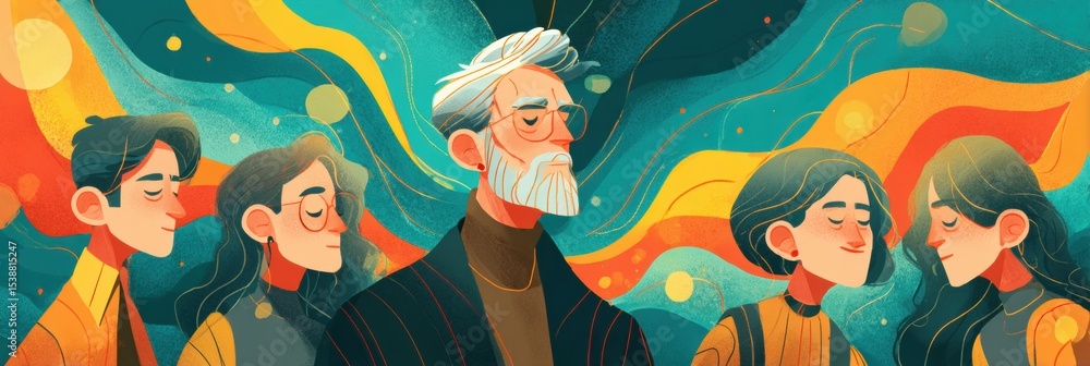 Poster teacher inspires students with emotional connection in vibrant abstract art style during a learning 