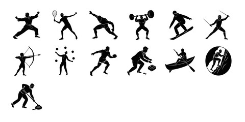 Black silhouettes of a man playing on a white background. 