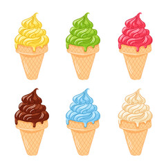 Various ice cream in waffle cones flavors of blueberry, strawberry, pistachio, almond, lemon and chocolate on a white background. Summer and desert menu concept in cartoon.