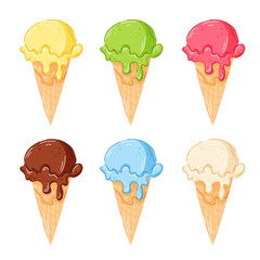 Ice cream cone collection in cartoon. Gelato flavors vanilla, chocolate, lemon, mint, strawberry, lemon, mango summer flavor set.