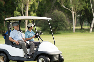 Good shot buddy. Shot of two happy men playing a game of golf. Golf, friends and sport with men on course playing