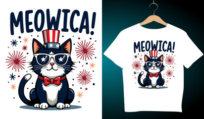 Meowica Patriotic Cat T-Shirt Design: 4th of July Cute Kitten Wearing Uncle Sam Hat & Sunglasses with Fireworks Illustration for Apparel Print