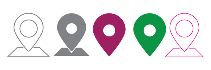 location icon, map pin icons in outline, black, and red styles. for maps, GPS, navigation apps, location markers, address indications icon set