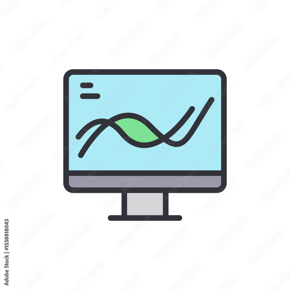 Poster graphic illustration of modern monitor displaying data analysis report