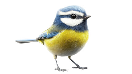Fototapeta premium Blue tit songbird with colorful blue, yellow, and white plumage perched on a branch, isolated on a white background